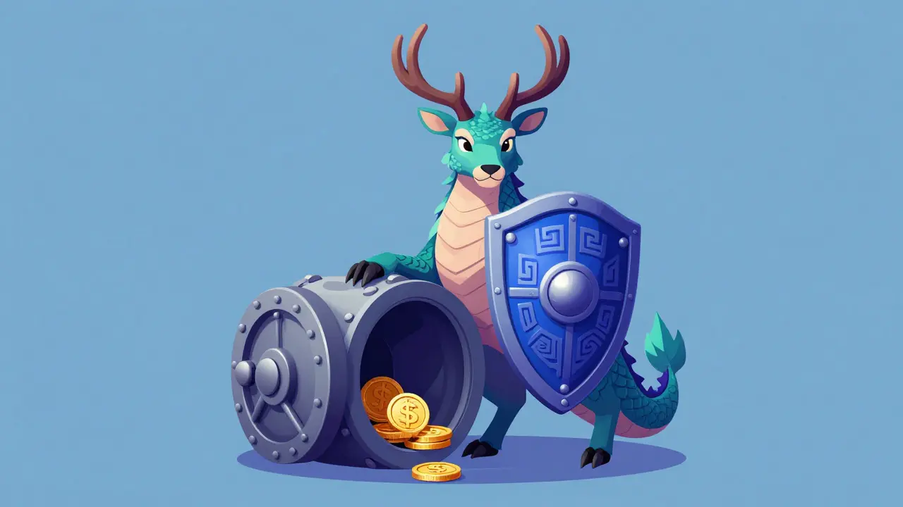 A guardian creature shielding a small vault with coins.