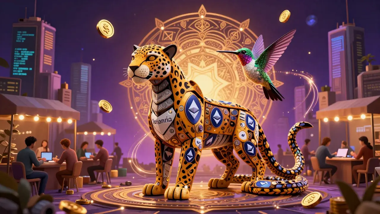 A jaguar-hummingbird hybrid made of Ethereum and Solana logos in a digital marketplace under Alebrije art.