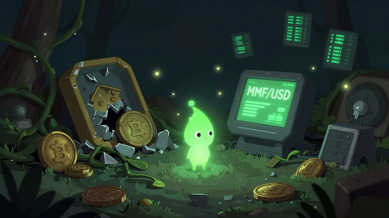A lone glowing MMF creature still active beside a Bybit terminal in a quiet DeFi graveyard of fallen tokens.