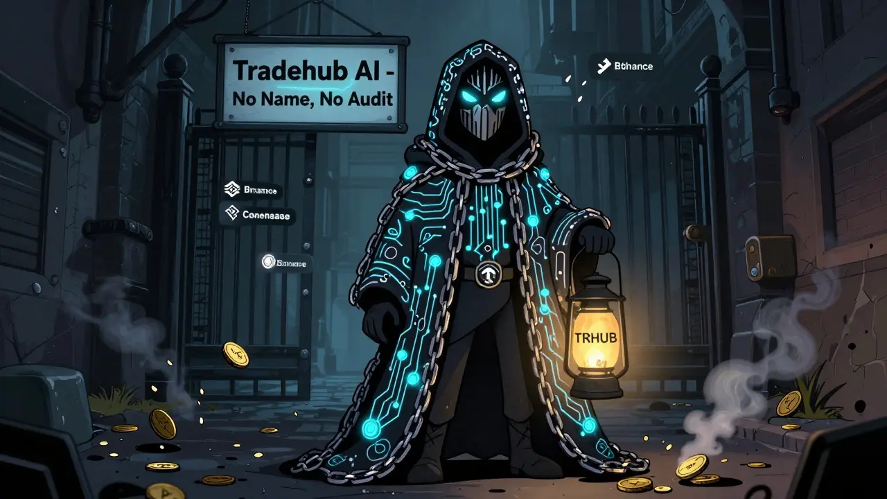 A masked figure in a blockchain cloak stands before locked exchange gates, holding a TRHUB token lantern in a shadowy alley.