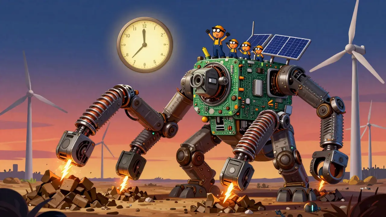 A massive mining beast with ASIC arms crushes electricity bolts, powered by wind and solar energy.