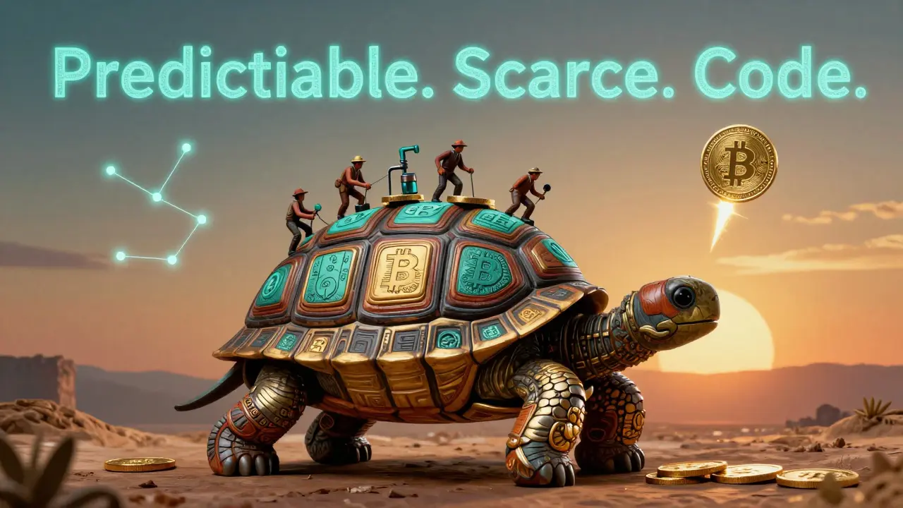 A mechanical tortoise carrying the Bitcoin blockchain toward a 21 million coin horizon, with miners repairing its scales in Alebrije art style.