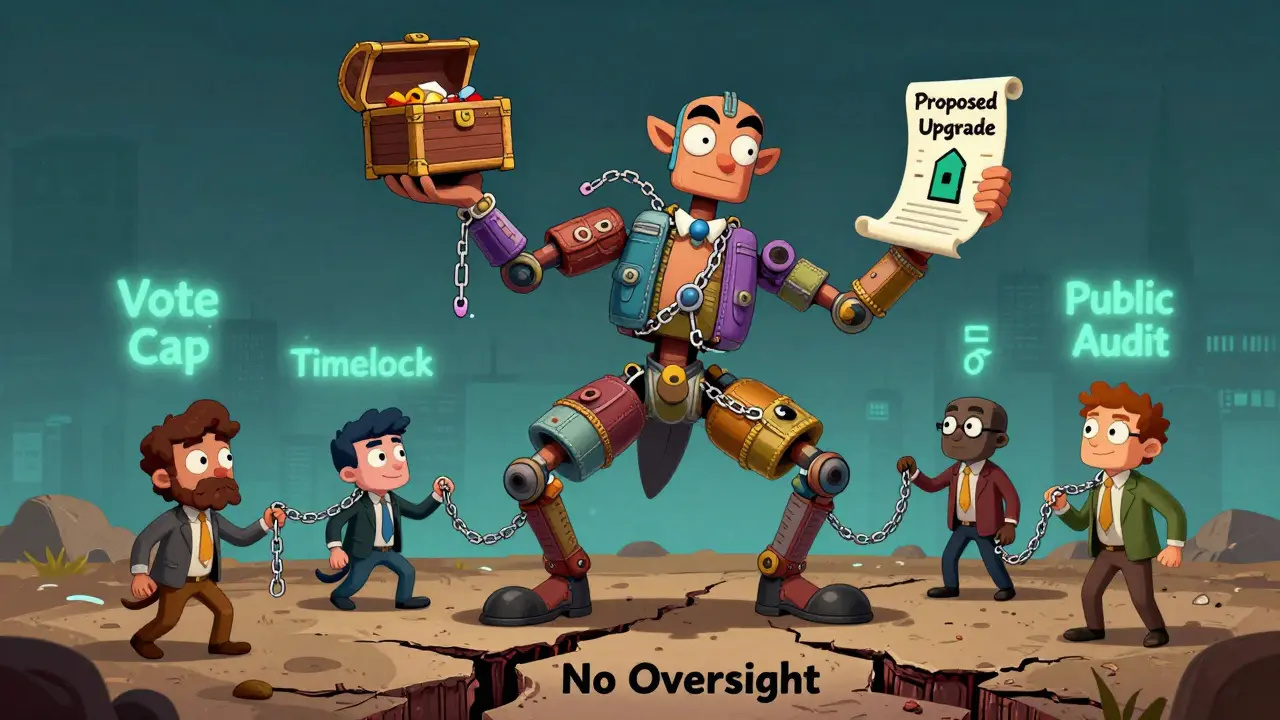 A multi-limbed spirit of multisig wallets reaches for a treasury as community members struggle with broken chains under 'No Oversight'.