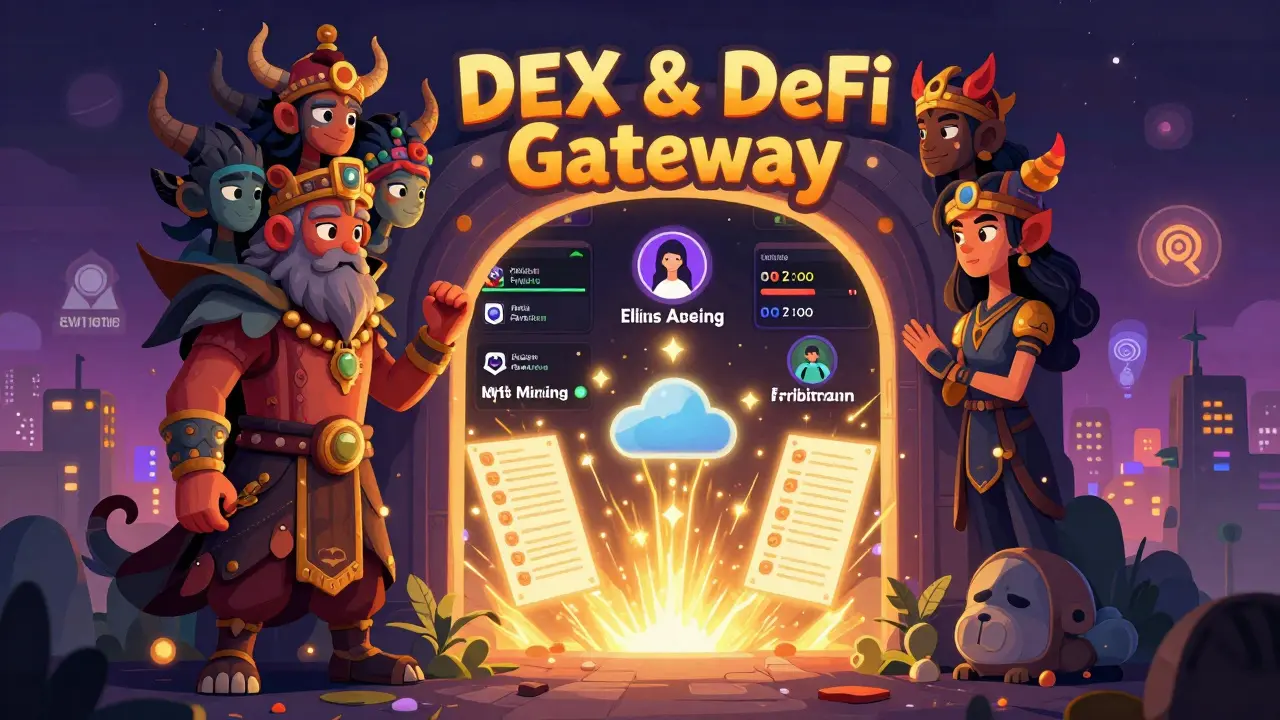 A mystical portal guarded by a multi-headed alebrije spirit leads to staking, farming, and NFT trading activities.