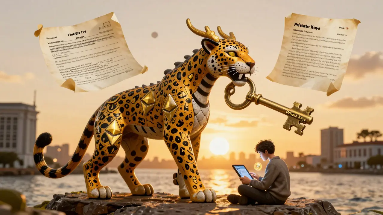 A mythical beast made of Ethereum scales curled around a private key, with tax forms floating above a person checking balances.