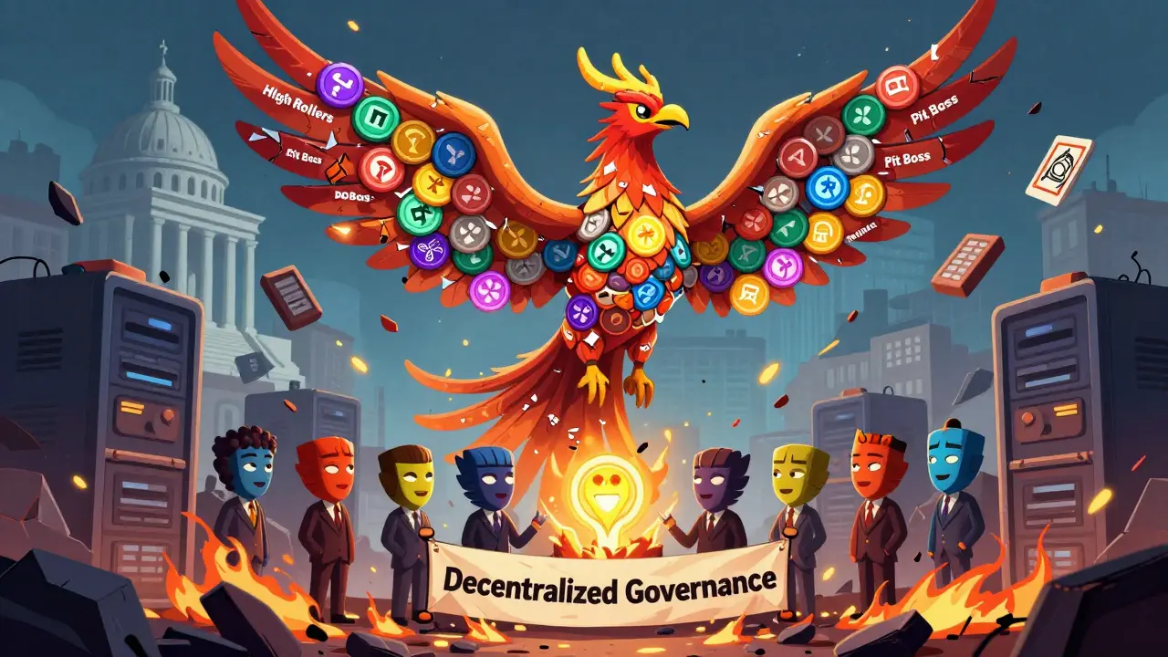 A phoenix rising from DGTX ashes, transforming into ROGUE tokens and NFTs, with a DAO council voting nearby.