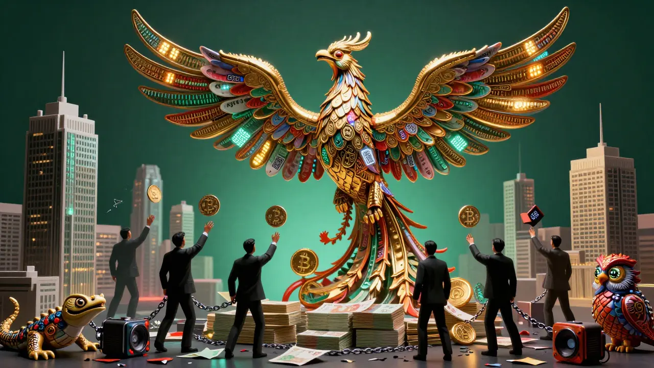 A phoenix-shaped Digital Yuan coin rising over a city of yuan bills, while shadowy figures reach for floating Bitcoin symbols.
