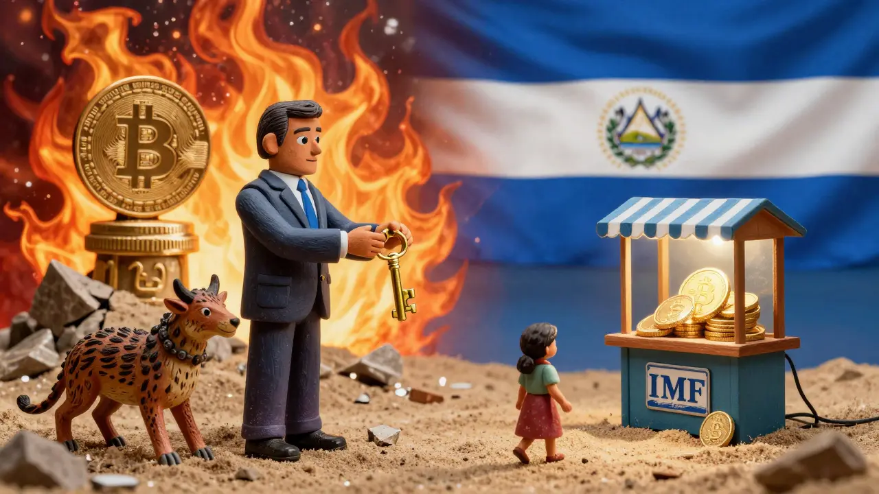 A president hands a key to the IMF as a Bitcoin statue crumbles, while a rural mother walks toward a stablecoin kiosk.