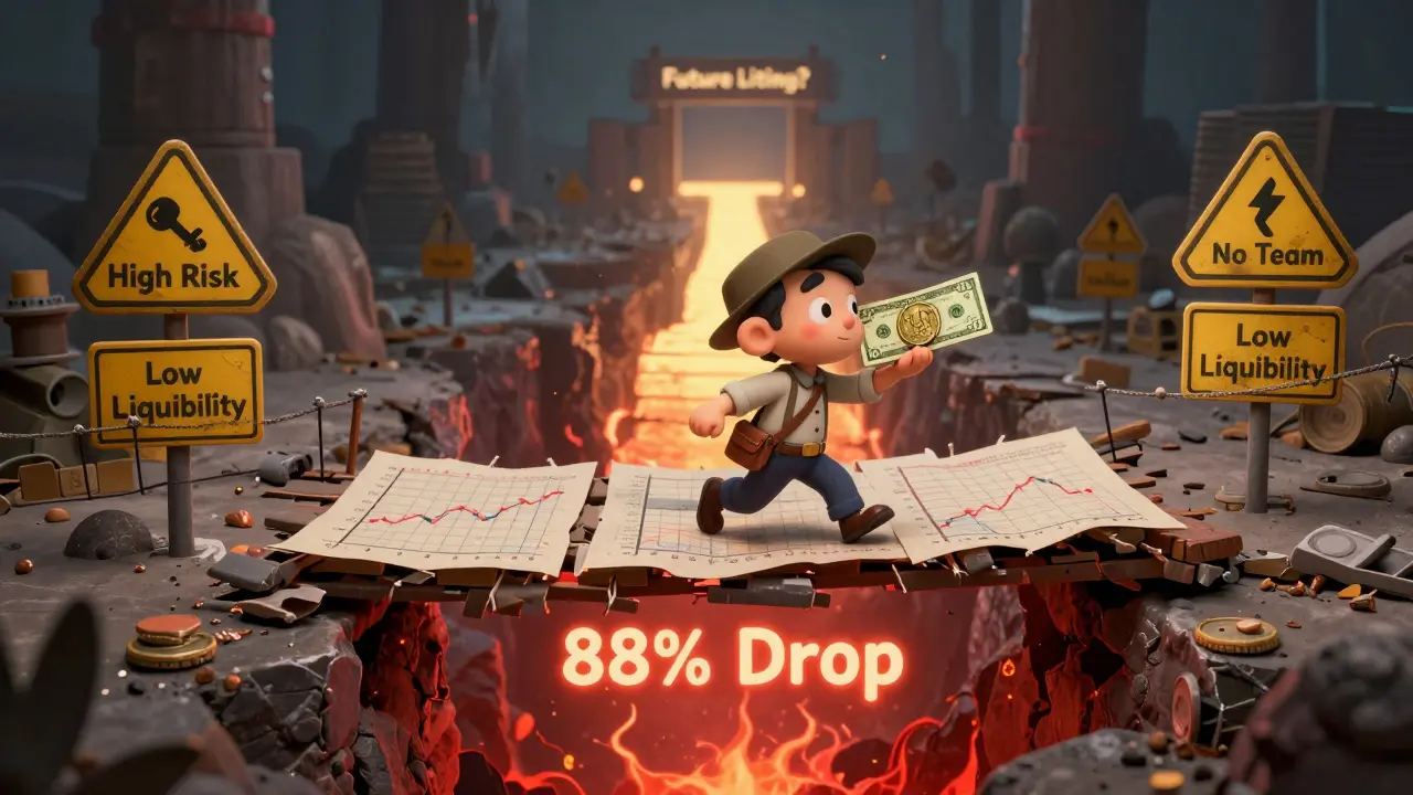 A small trader steps onto a fragile bridge of charts, with a deep chasm below labeled '88% Drop' and a distant gate glowing faintly ahead.