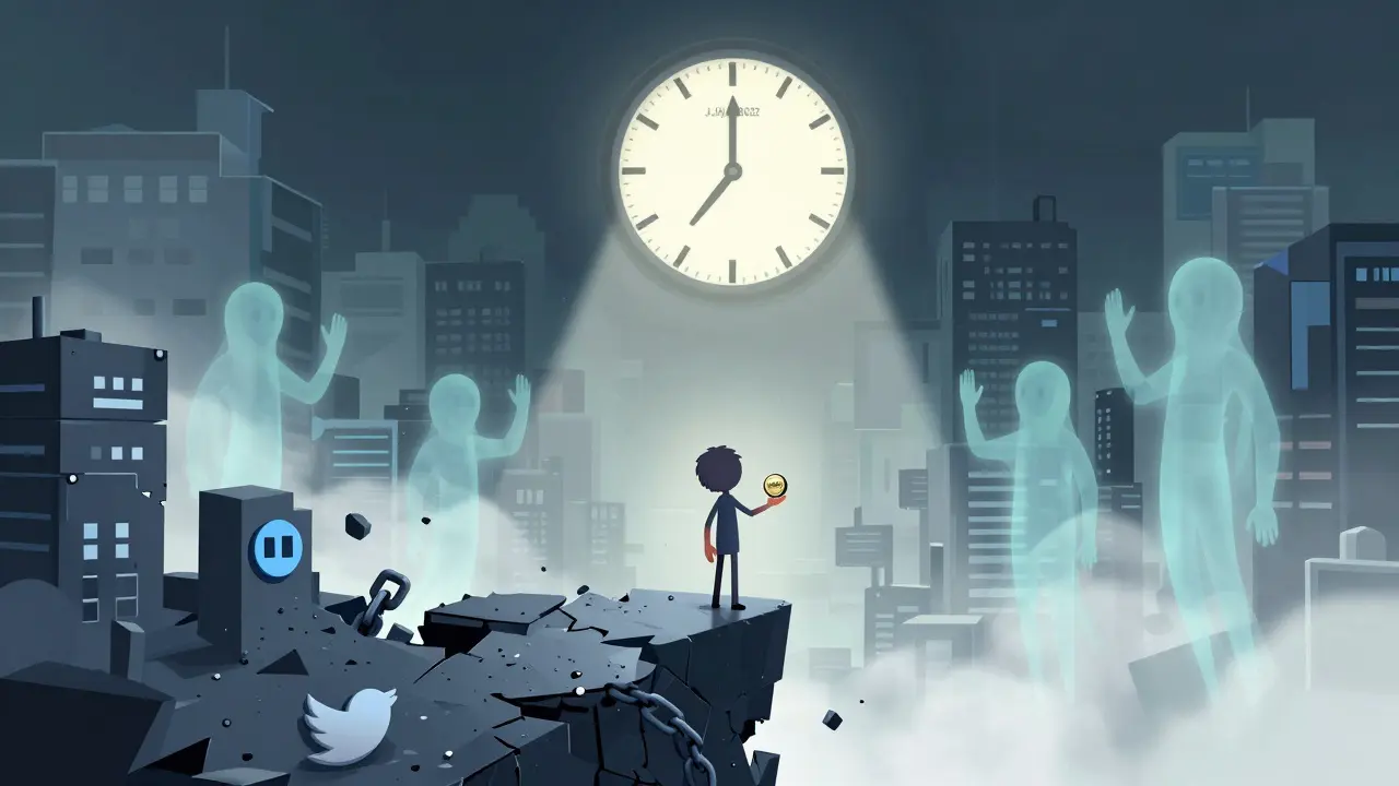 A solitary figure holds a CMP token at the edge of a crumbling digital metropolis, with ghostly figures fading away and a frozen clock above.