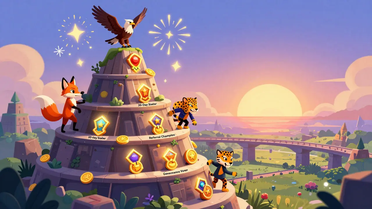 A spiraling leaderboard mountain where users earn badges for staking and referrals, with glowing SVN tokens and digital fireworks above.