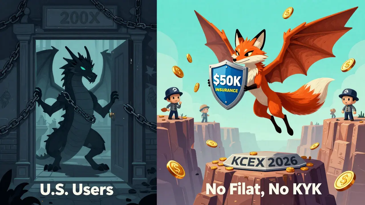 A split scene: a regulatory dragon blocks U.S. users, while a leaping alebrije fox escapes to KCEX’s no-KYC platform with leverage wings and low-fee coins.