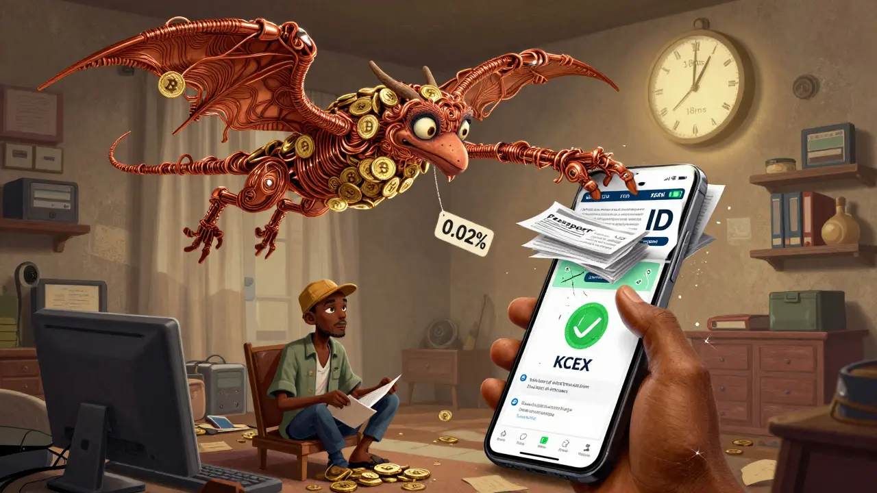 A trader in a developing country uses a low-battery phone to trade on KCEX, while a mythical spirit hovers above, crushing KYC documents and highlighting low fees.