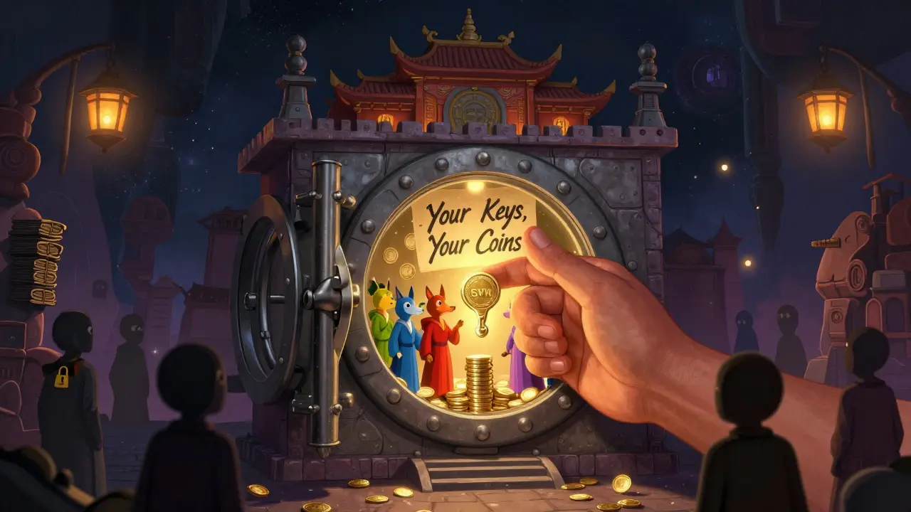 A whimsical floating vault with a hand-shaped keyhole, protecting SVN tokens as citizens deposit coins without surrendering control.