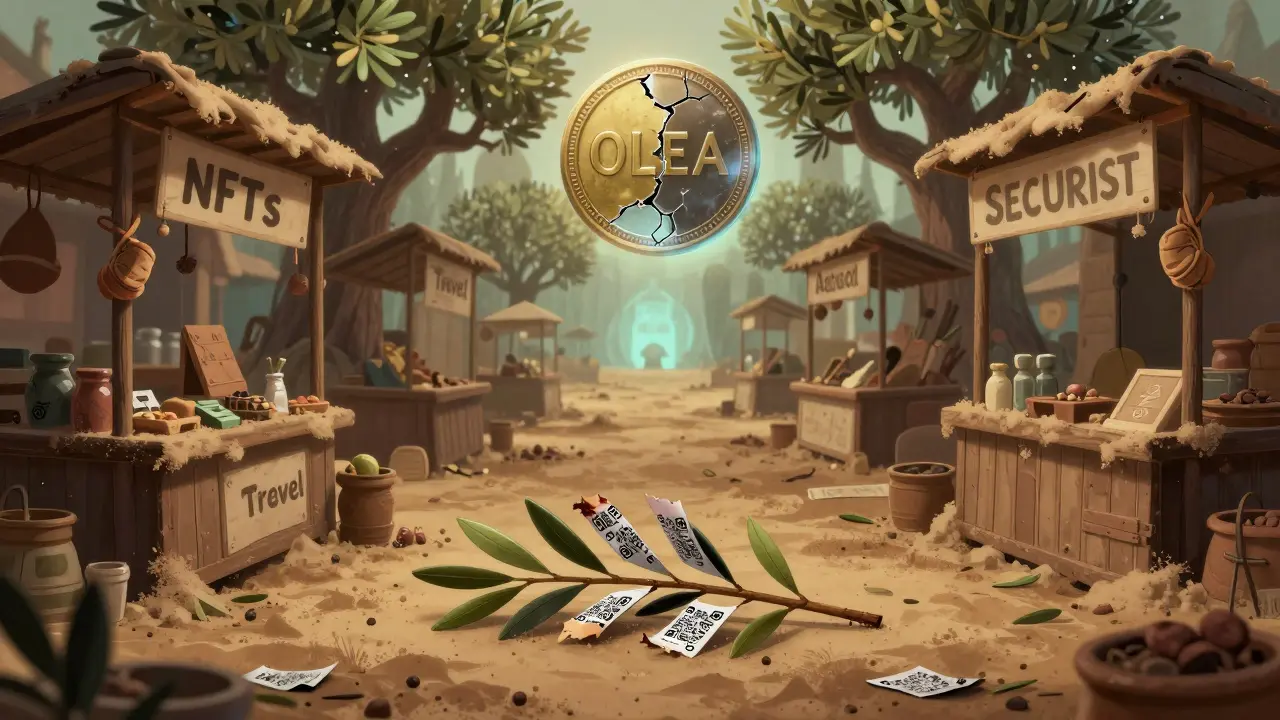 An abandoned marketplace with wilted olive branches made of fading QR codes, under a cracked OLEA token.