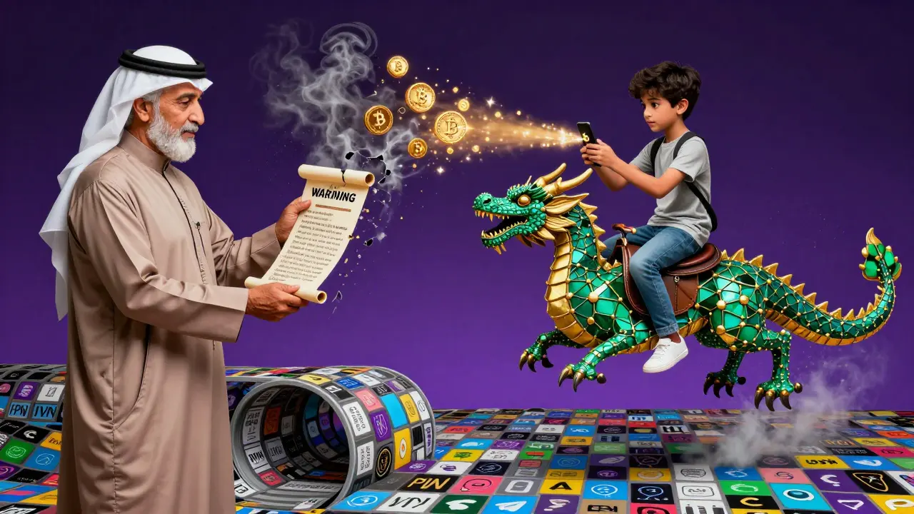 An elderly man holding a crumbling warning scroll while a young person rides a blockchain dragon, symbolizing generational shift in crypto use.