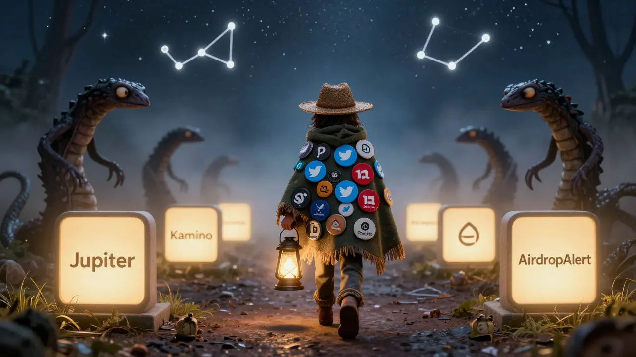 An explorer with verified badges walking past safe airdrop portals, while scam creatures retreat into darkness.