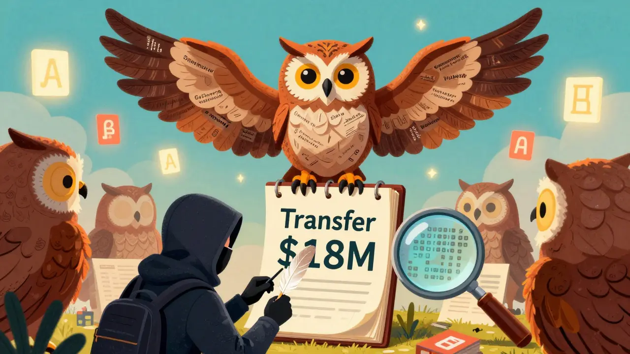 An owl with Snapshot signatures for wings casts a stolen vote, while blank-eyed voters and hidden code surround a floating proposal.