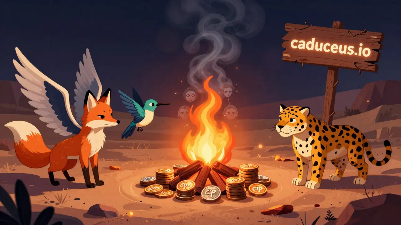 CMP tokens burn in a ceremonial fire, their smoke forming vanished developers, while spirit animals watch as a forgotten website sign crumbles.
