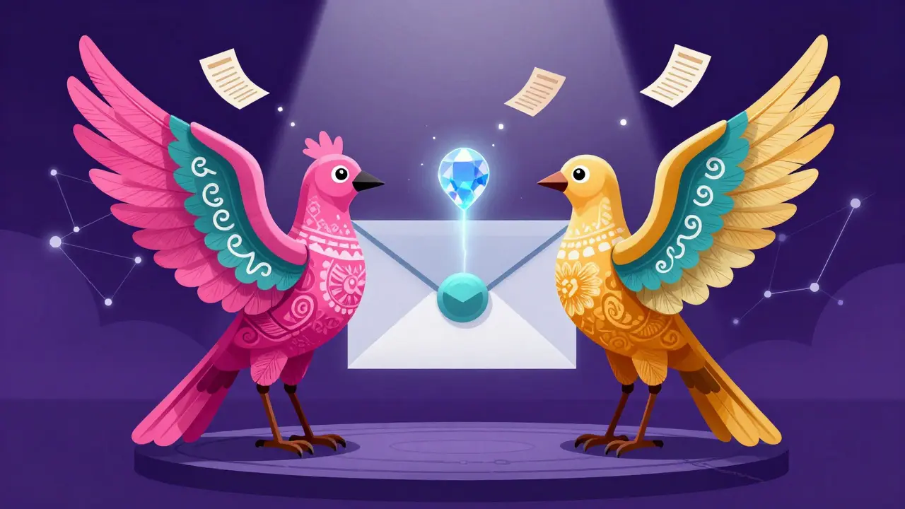 Decorative birds exchange encrypted payments on blockchain