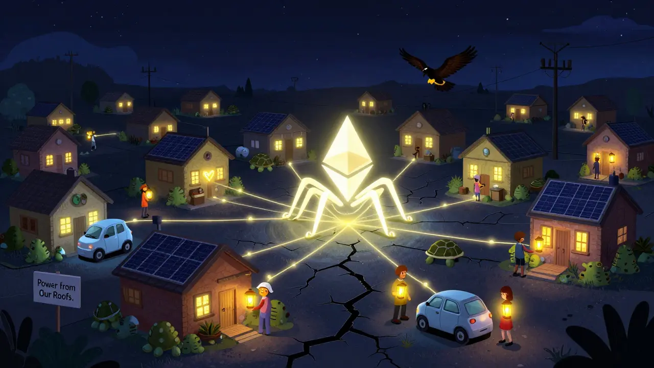 During a blackout, a neighborhood's P2P energy network glows brightly with homes and EVs linked by light, powered by solar and community spirit.