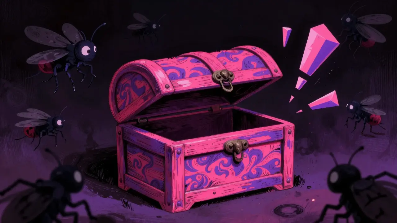 Empty treasure chest surrounded by warning symbols and shadows