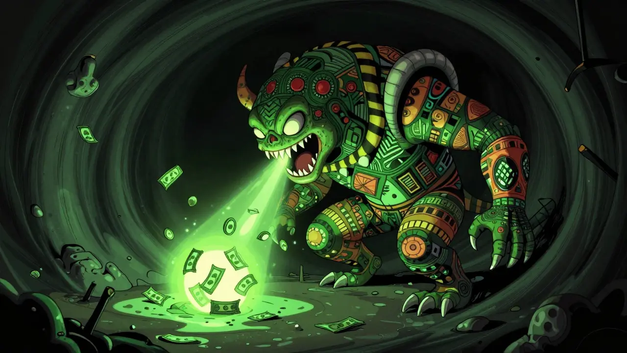 Fantastical Alebrije beast consuming glowing digital coins into a dark void