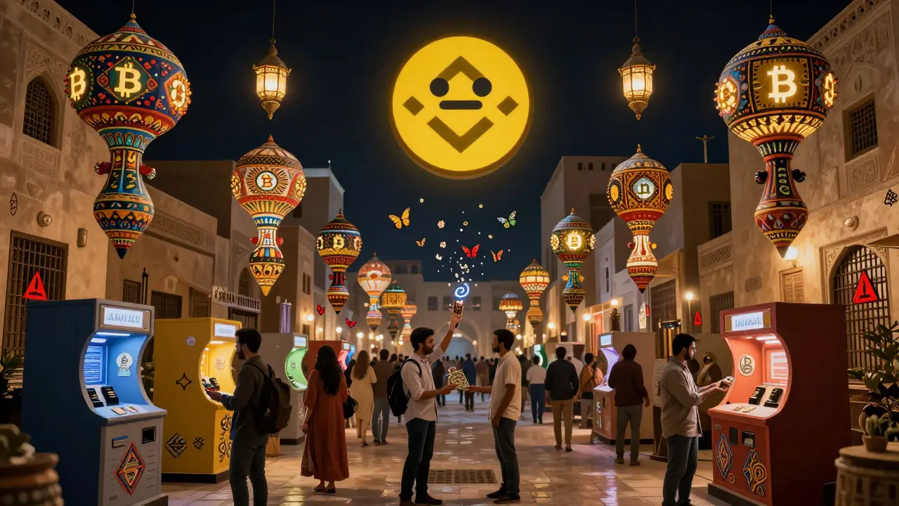 Floating crypto ATMs in a Riyadh marketplace, transforming gift cards into butterflies, with a giant Binance logo glowing above.