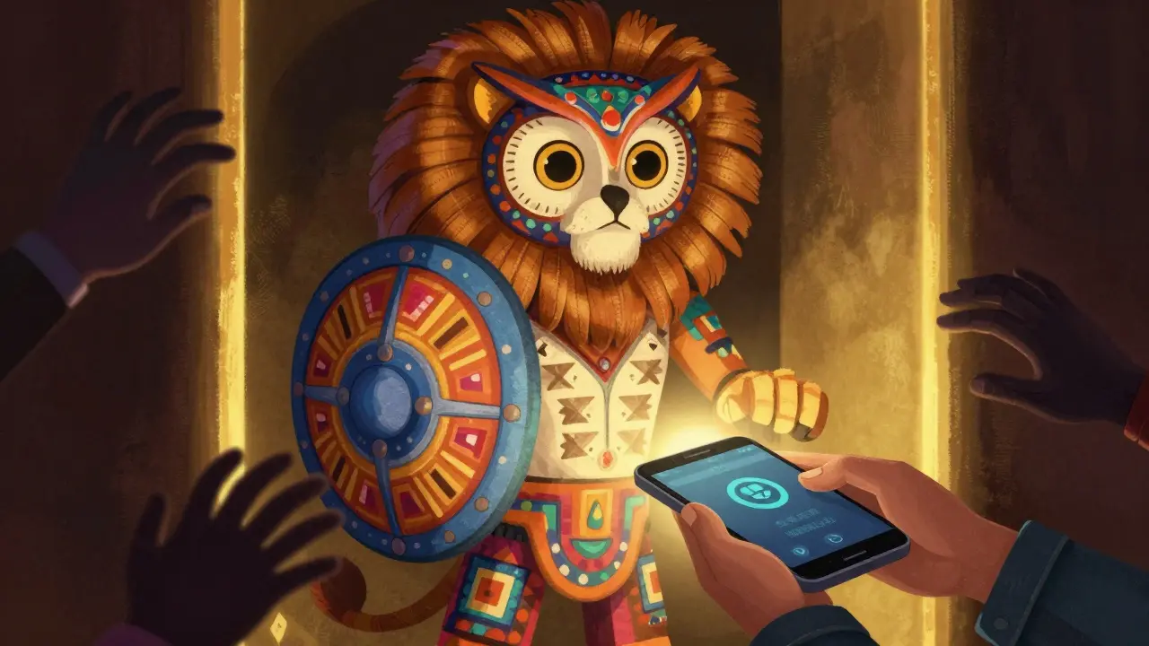 Guardian creature protecting a digital wallet from hidden threats