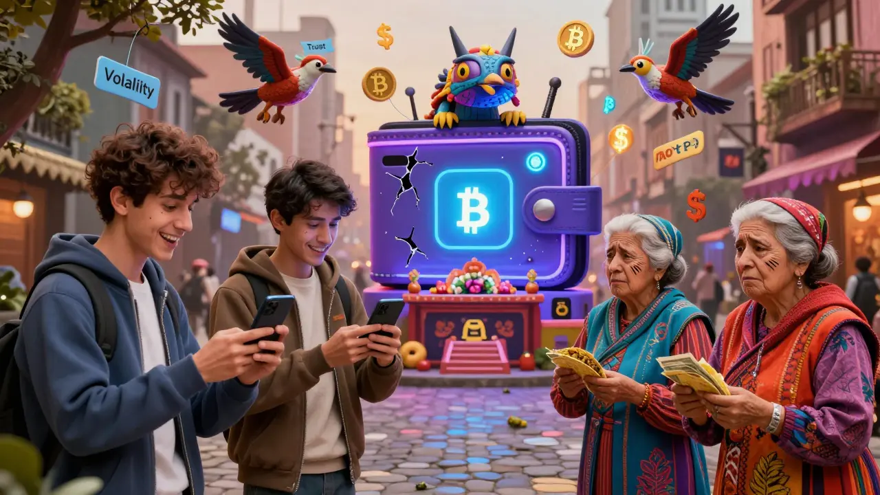 In Alebrije art, young urban men use Bitcoin apps while older women hold cash, as a flickering app glows like a neon altar.