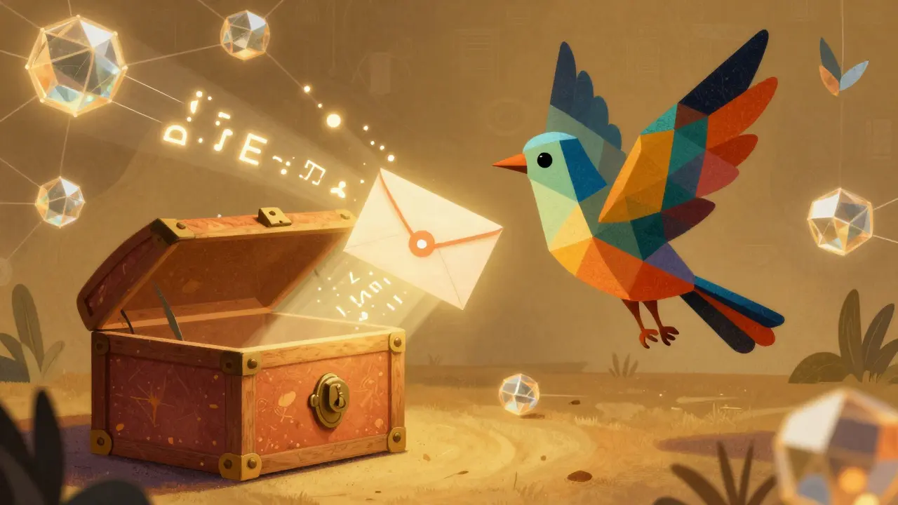 Messenger bird delivering encrypted package to a secured receiver.