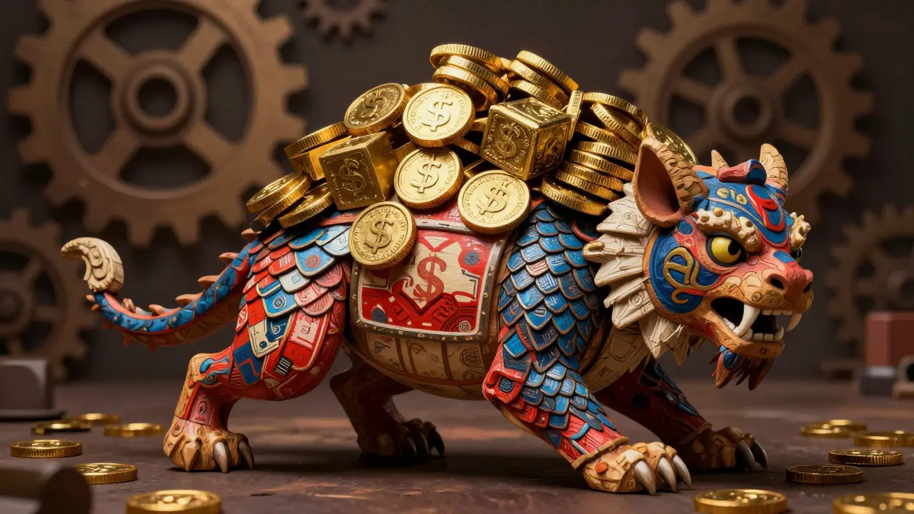 Painted wooden beast carrying heavy gold coins representing regulatory costs.
