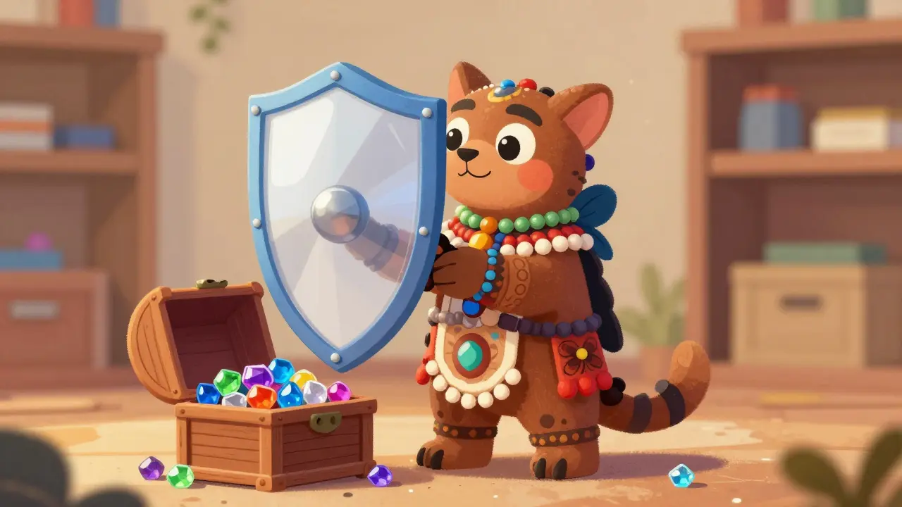 Protective Alebrije guardian shielding assets with a geometric patterned shield