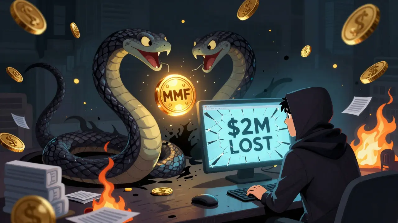 Shadowy serpents draining a glowing MMF token during a hack, with a trader staring at a '2M LOST' screen.