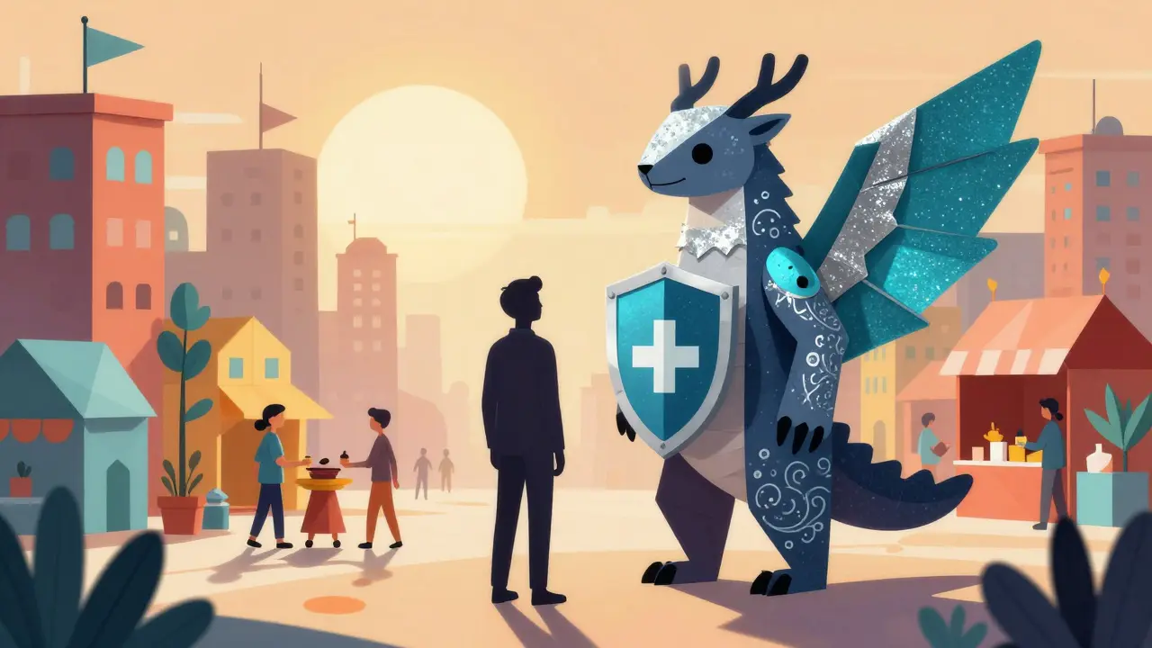 Silhouette shielded by a vibrant beast amidst a stylized city backdrop