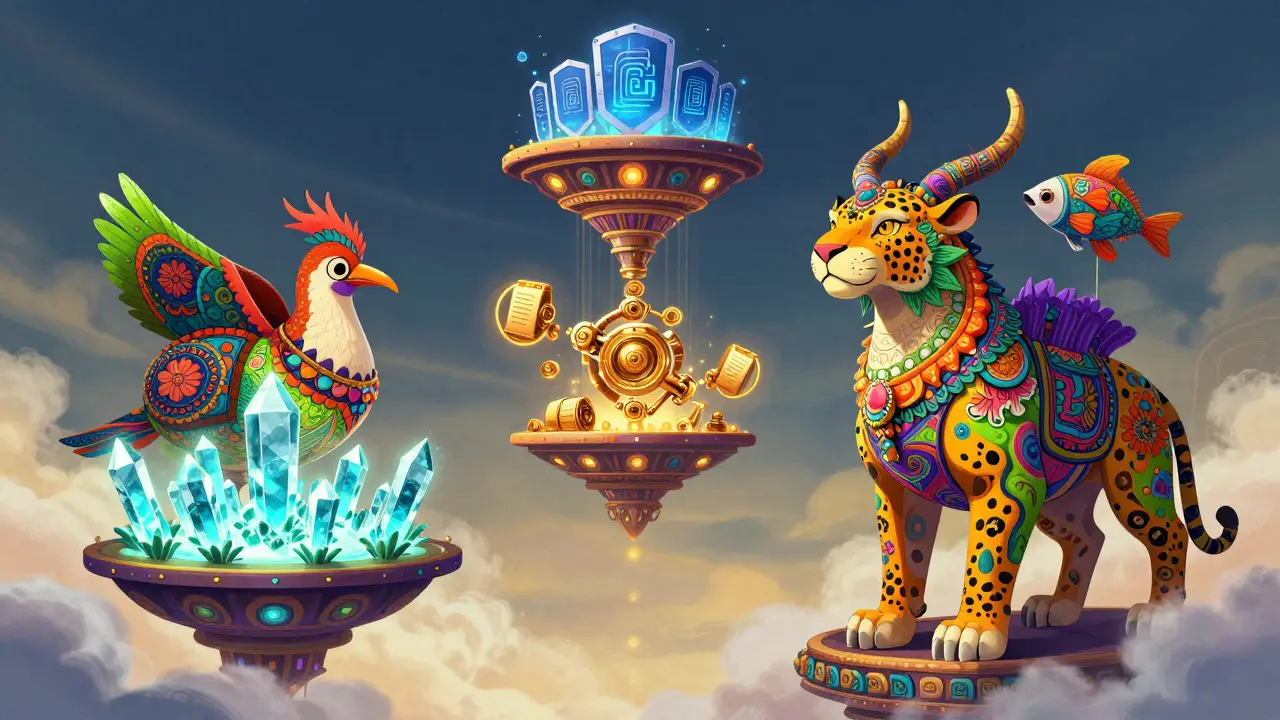 Stack of magical platforms guarded by ornate multicolored fantasy animals