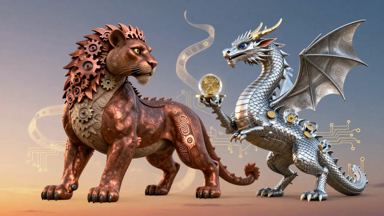 Two hybrid animals merge representing mining and staking balance