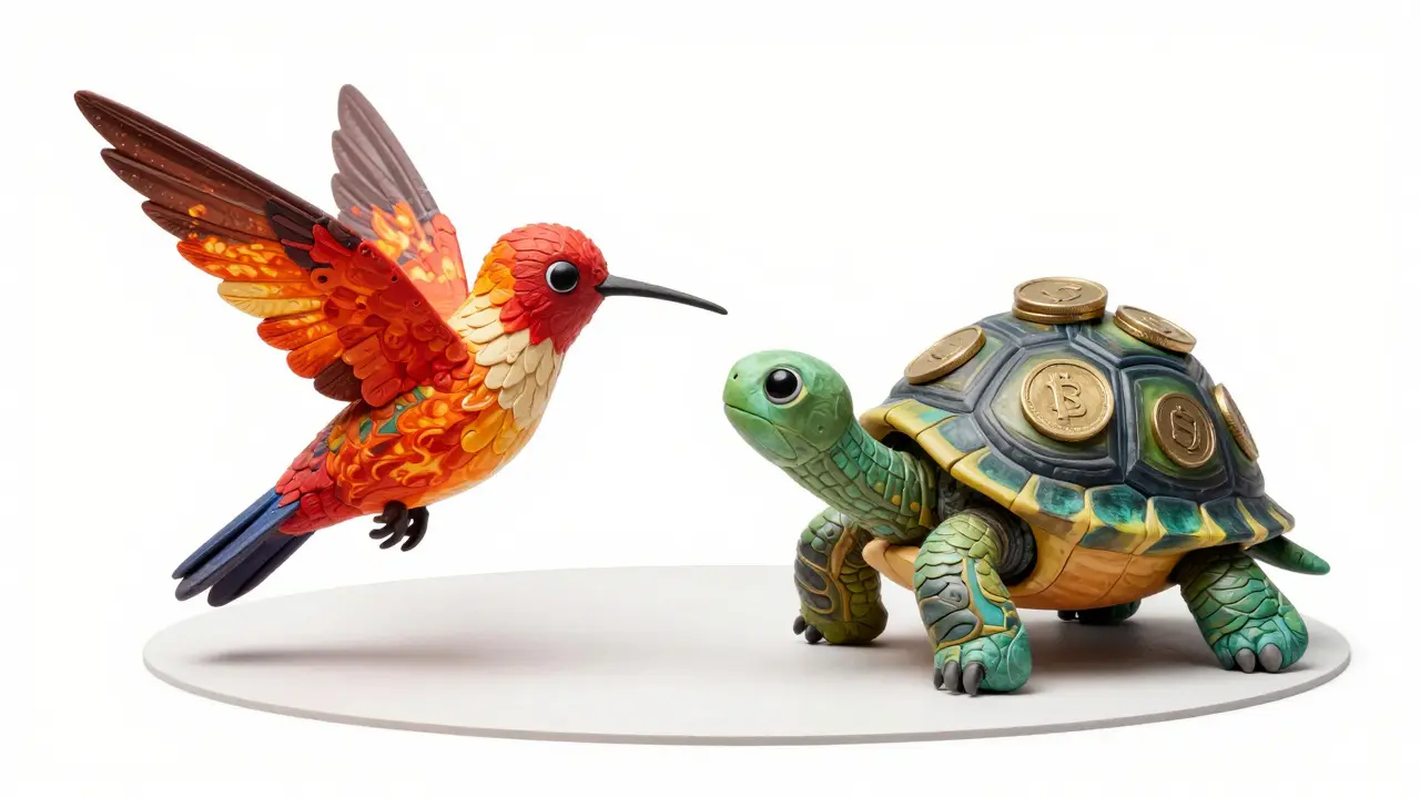 Two mechanical creatures balancing active mining and stable staking.