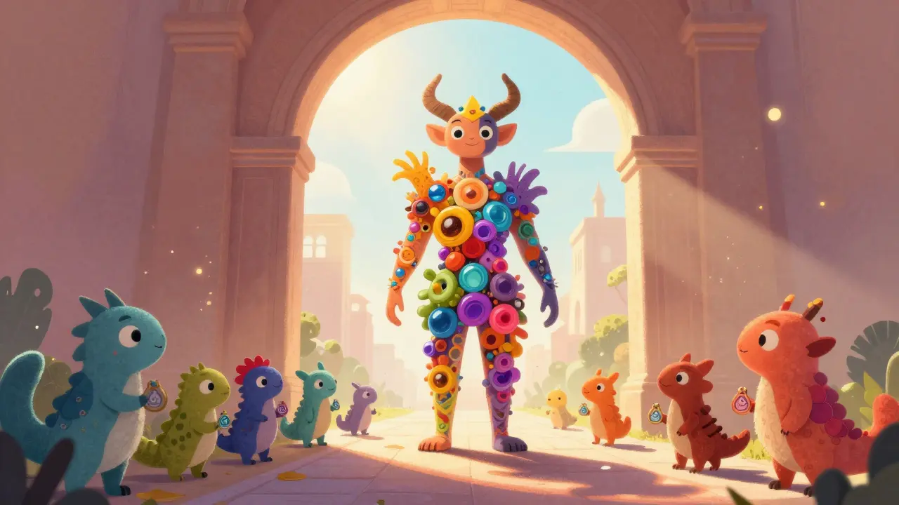 Unified Alebrije creature standing before an open gateway under sunlight.