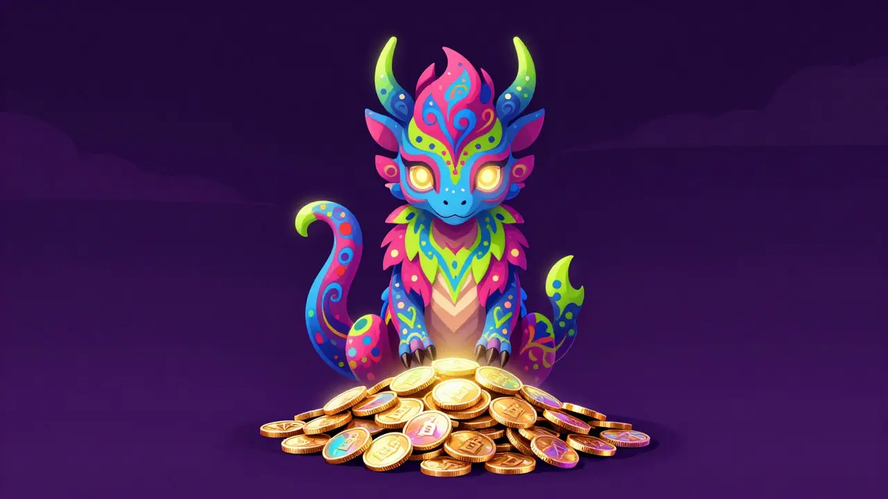 A colorful Alebrije creature guarding a pile of glowing iridescent coins.