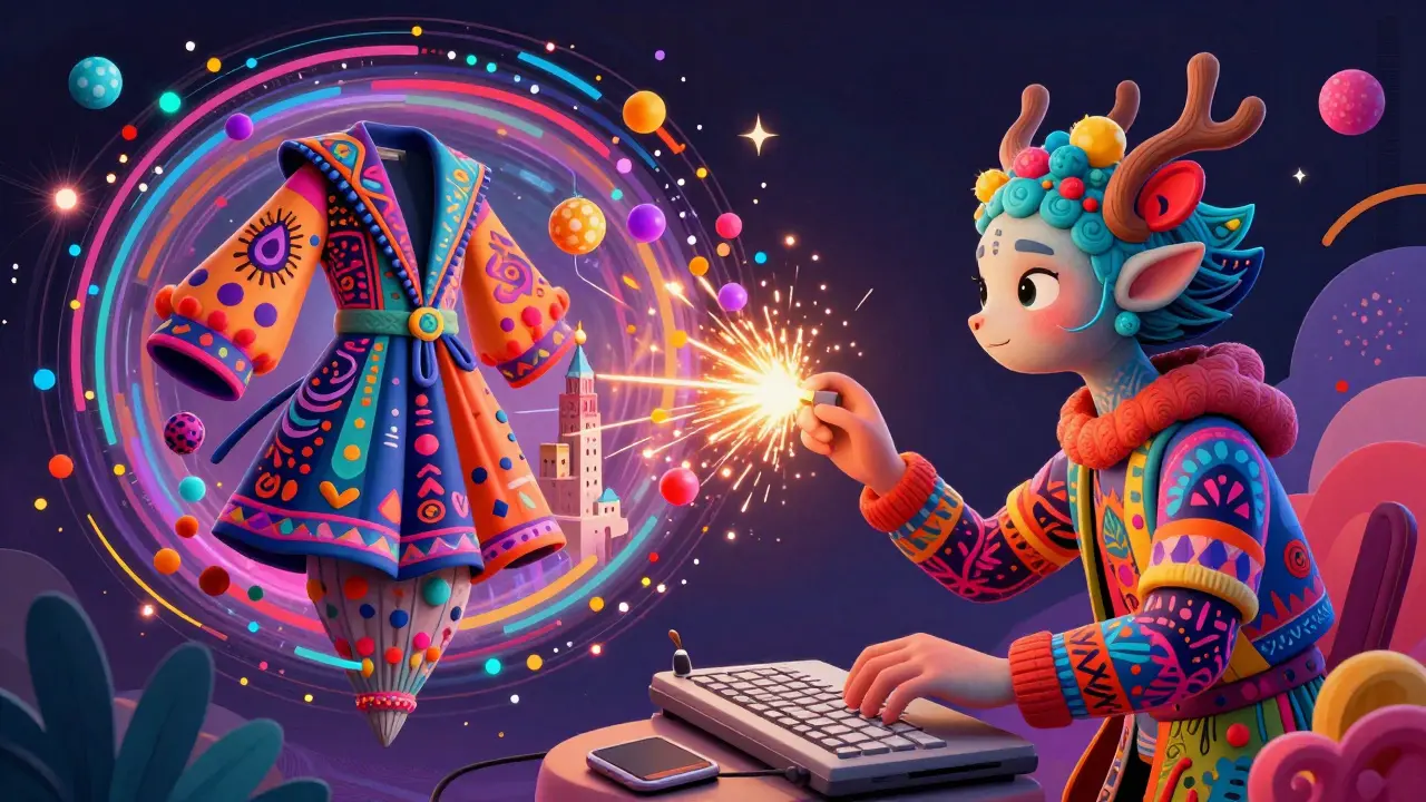 A fantastical creature creating 3D fashion and cities using AI tools in Alebrije style.