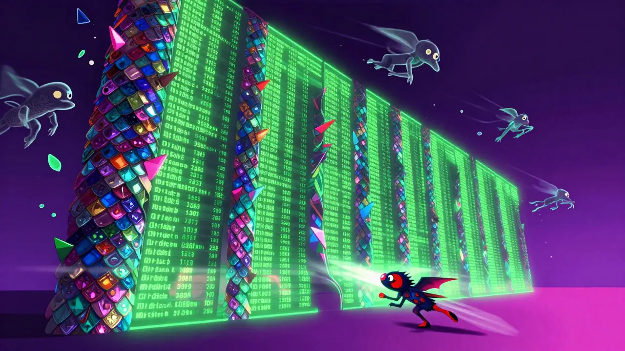 A glowing wall of colorful patterns with translucent creatures, depicting a liquidity wall.