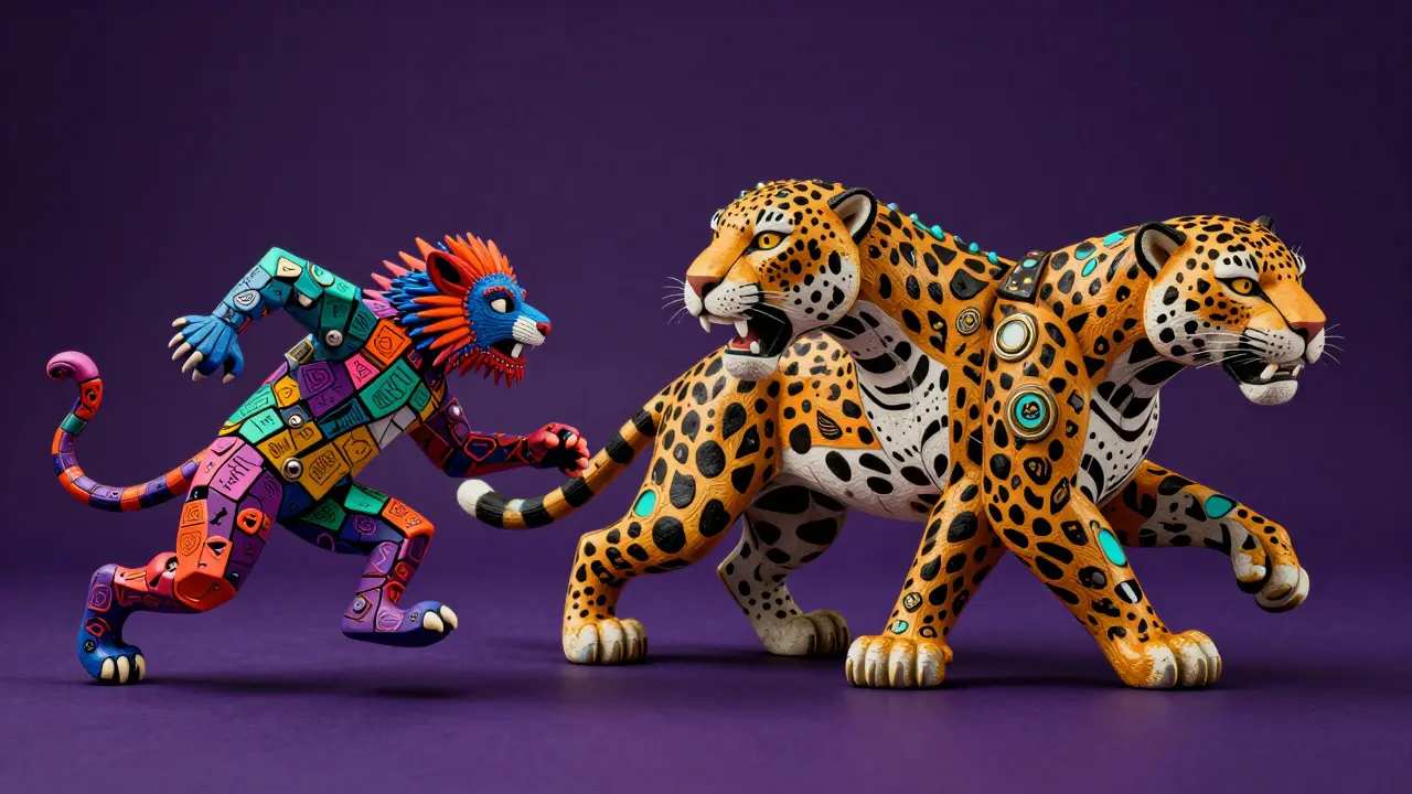 A majestic patterned jaguar chasing a chaotic colorful beast in Alebrije style.