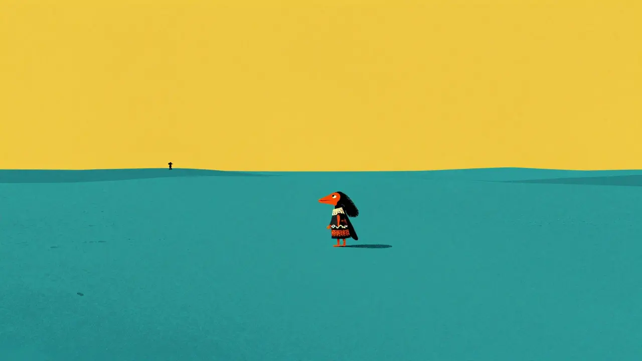 A single colorful Alebrije creature in a vast, empty desert representing a thin market.