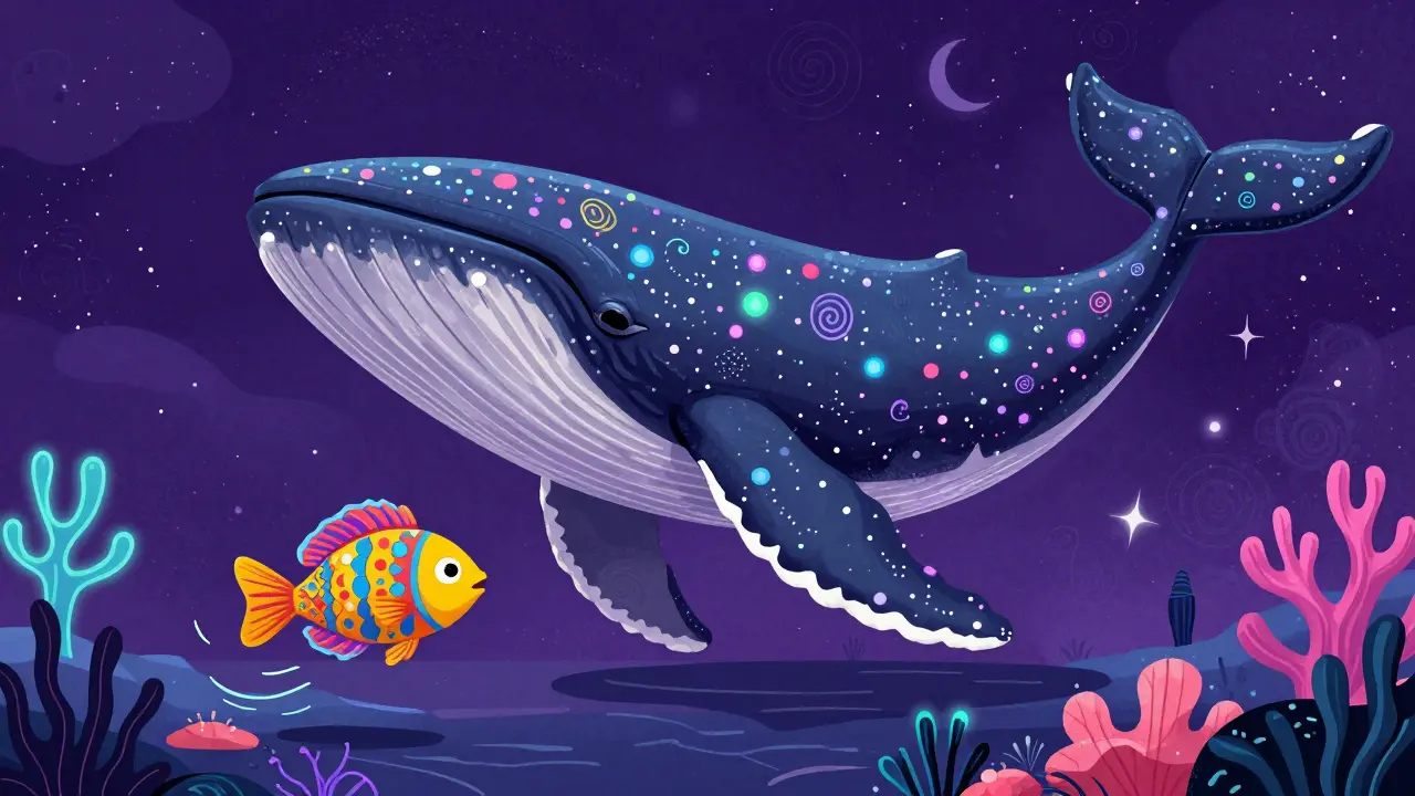 A small colorful fish swimming beside a giant cosmic whale in a neon ocean.