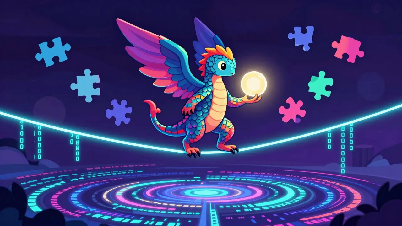 A vibrant chimeric creature balancing on a glowing neon tightrope of code.