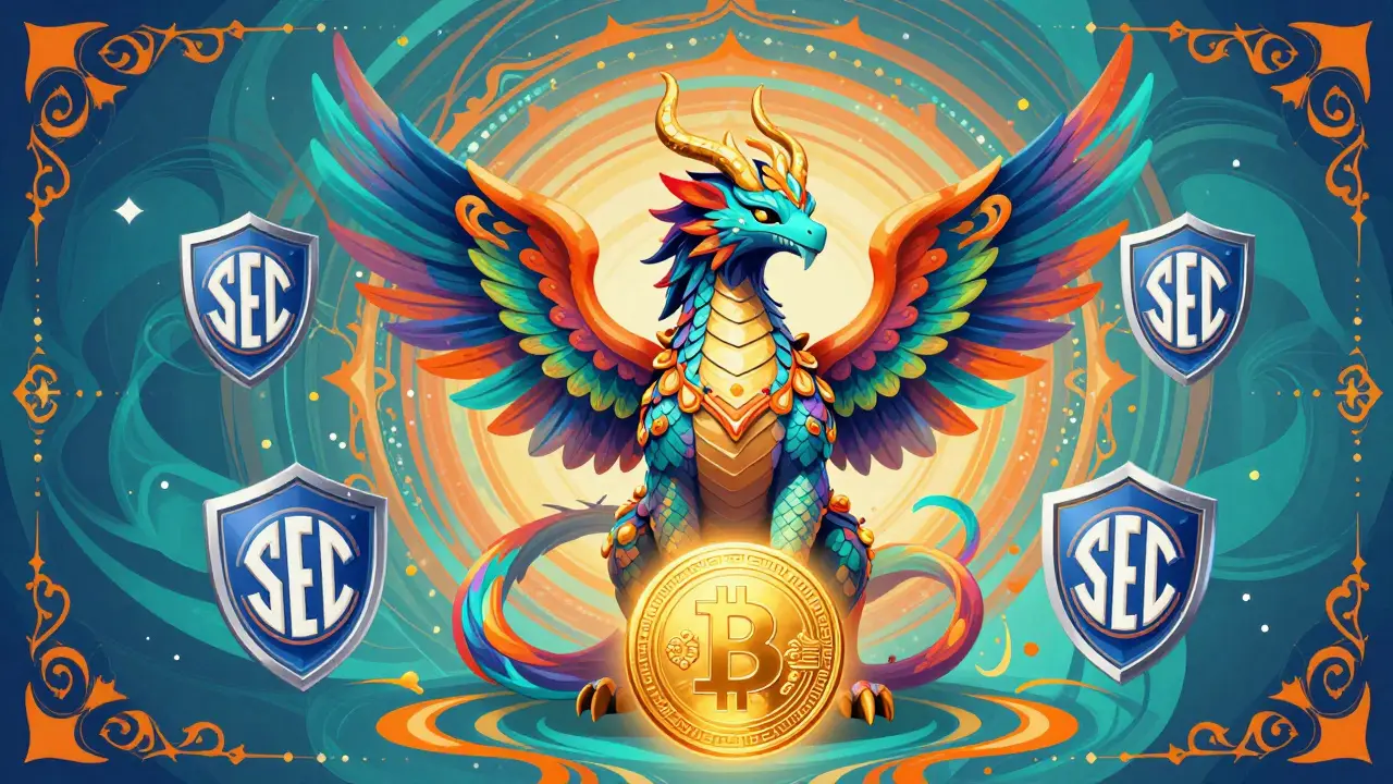 A vibrant mythical Alebrije guardian protecting a glowing digital coin with ornamental shields.