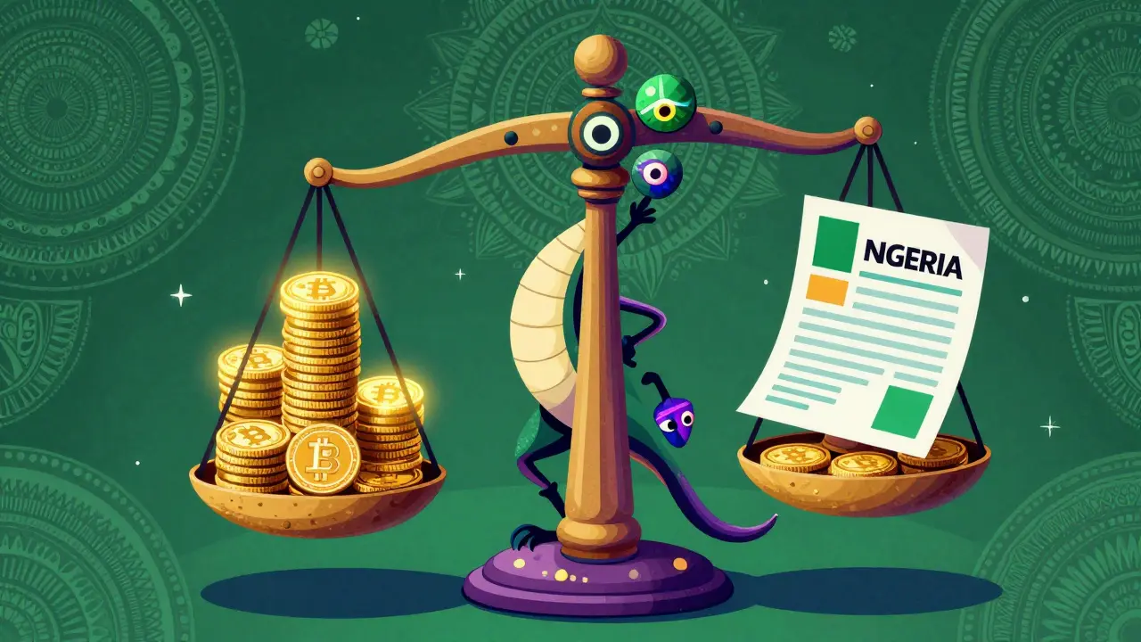 A whimsical Alebrije creature balancing digital tokens and tax documents on a colorful scale.