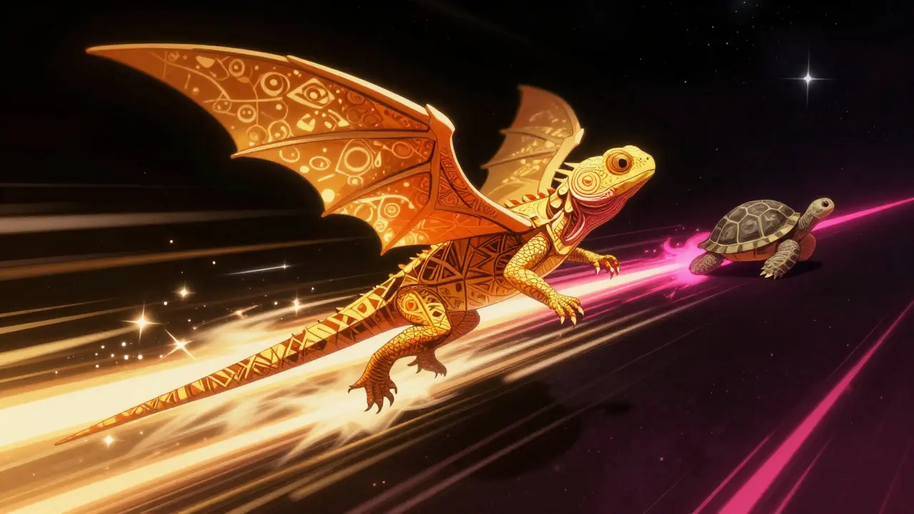A winged Alebrije lizard streaking through a cosmic void to represent transaction speed.