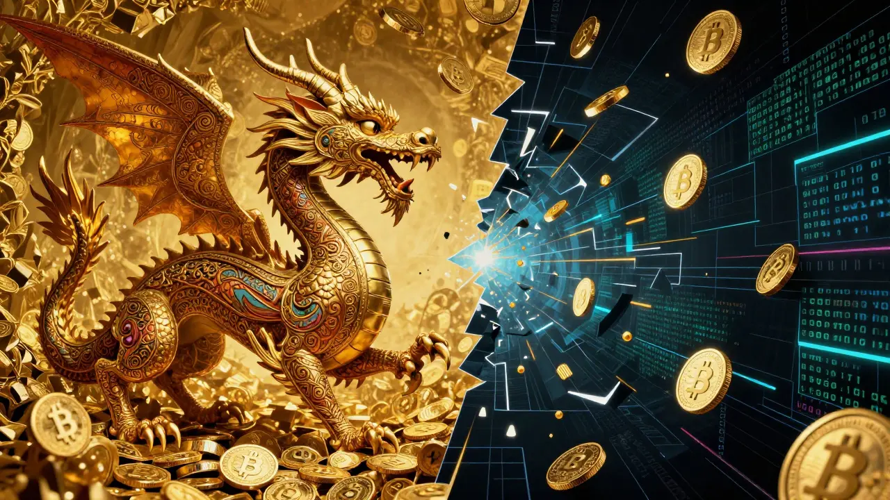 Alebrije dragon in a gold mine contrasted with a fragmented digital void.